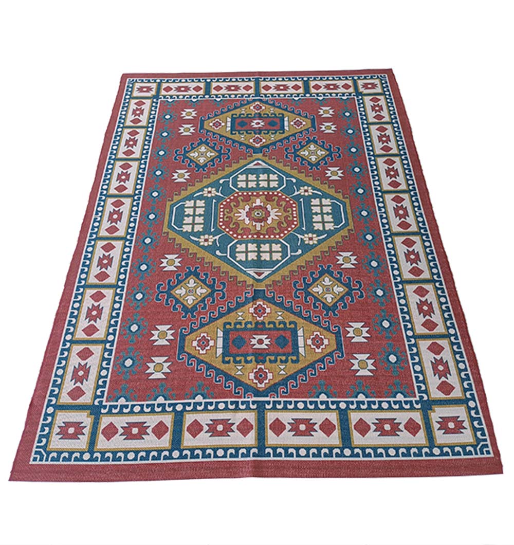 The RAMSHA HOME Multi Color Digital Printed Rug Maroon Rug DD-019 features a rectangular design with geometric patterns in red, blue, white, and yellow, a central diamond motif, multiple borders, and symmetrical intricate details throughout.