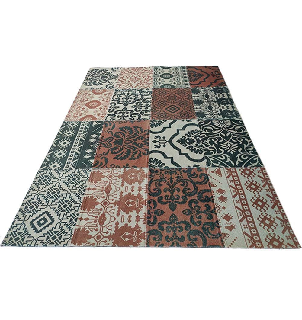 The RAMSHA HOME Ethnic Pattern Multi Color Printed Rug DD-023 features a rectangular patchwork design with digitally printed dhurry patterns in red, black, and cream squares.