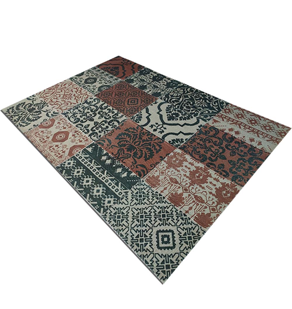 The RAMSHA HOME Ethnic Pattern Multi Color Printed Rug DD-023 features a rectangular grid of intricate black, red, and beige designs. This digitally printed dhurry is shown on a white background for a modern look.