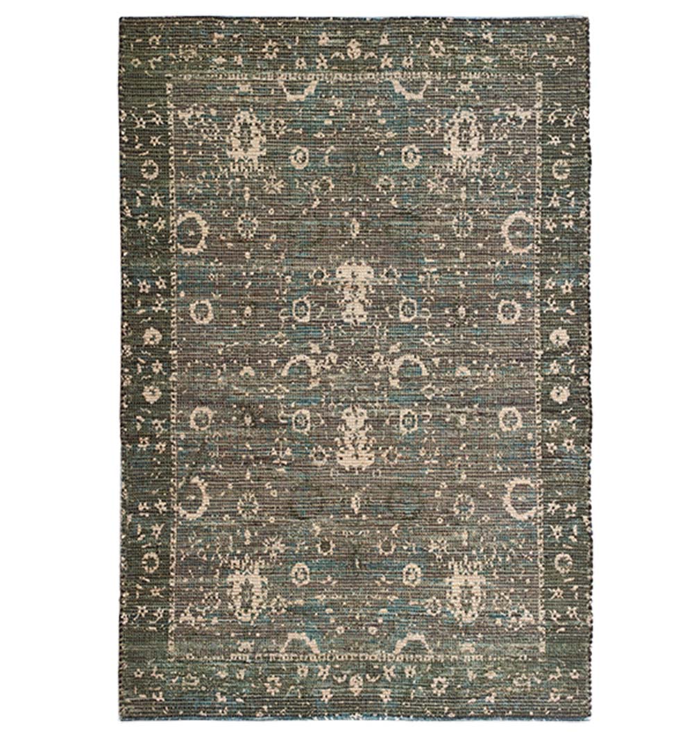 The RAMSHA HOME Multi Color Printed Rug 145x240 cm DD-026 features a rectangular shape with symmetrical floral and geometric motifs in muted blue, green, and beige tones on a vintage-style dhurry pattern.