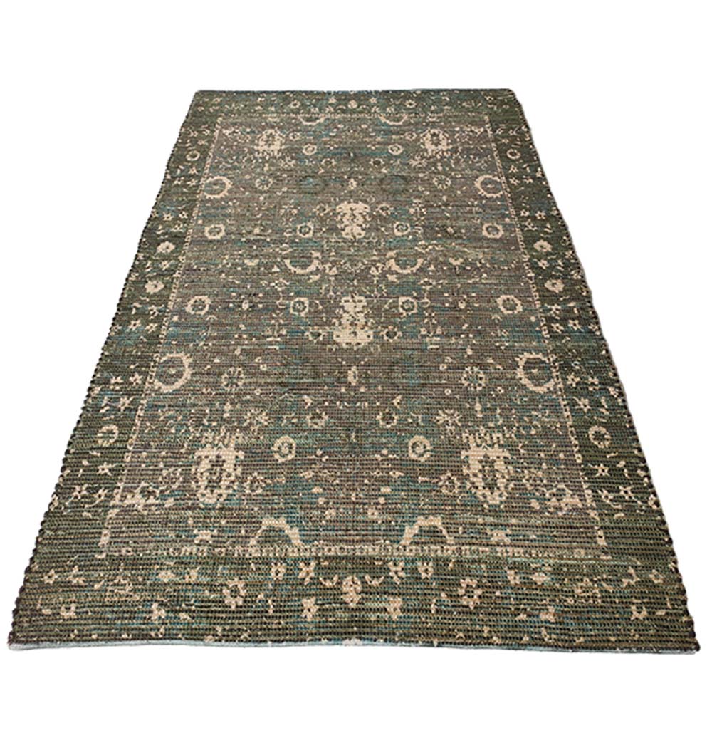 The RAMSHA HOME Multi Color Printed Rug 145x240 cm DD-026 is a rectangular, flat-woven area rug with an intricate green and beige floral-geometric pattern and a distressed finish.