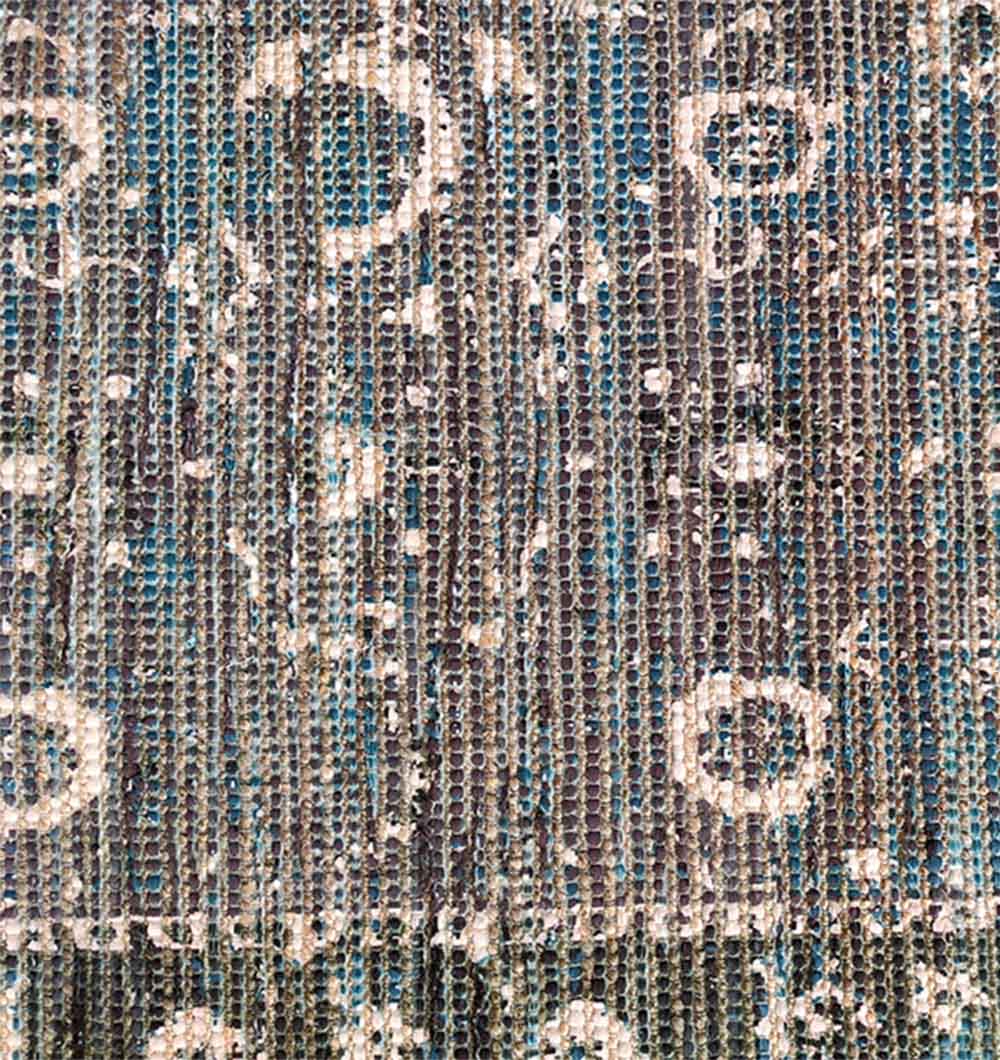 Close-up of the RAMSHA HOME Multi Color Printed Rug 145x240 cm DD-026, showing a blue and beige color scheme with vertical lines and abstract circular geometric patterns, evoking a vintage design.