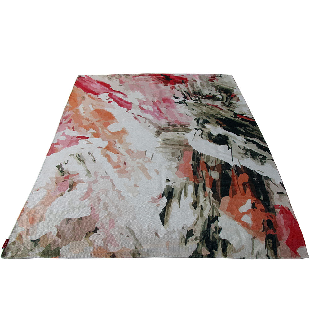 The RAMSHA HOME Polyester Multi Color Printed Rug 150x210 cm (DD-030) features an abstract, modern design in pink, red, beige, black, and white—its digital print gives a contemporary painting look.