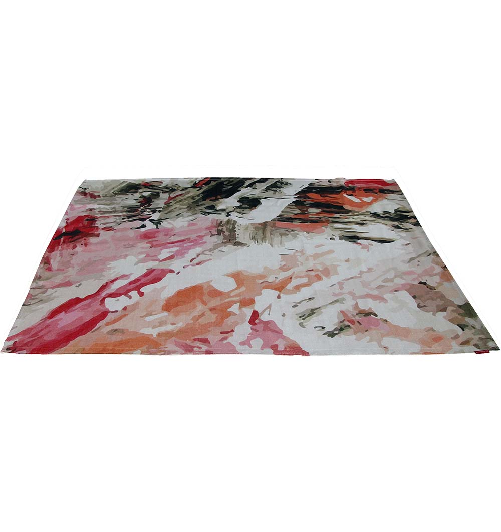 The RAMSHA HOME Polyester Multi Color Printed Rug 150x210 cm (DD-030) features an abstract, watercolor-inspired design in pink, peach, orange, gray, and black for a modern artistic look.