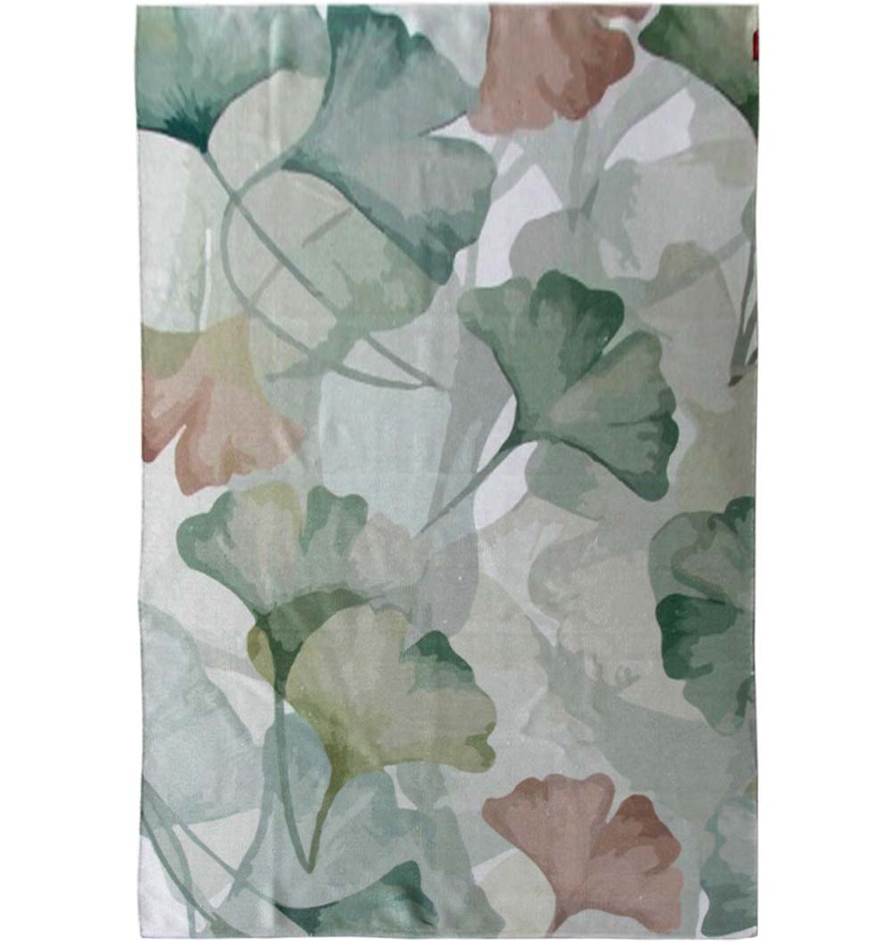 The RAMSHA HOME Floral Printed Area Rug Multi Color 150x210 cm DD-031 features a soft watercolor-style pattern of overlapping ginkgo leaves in green, blue, and muted pink on a light background, adding gentle charm to any space.