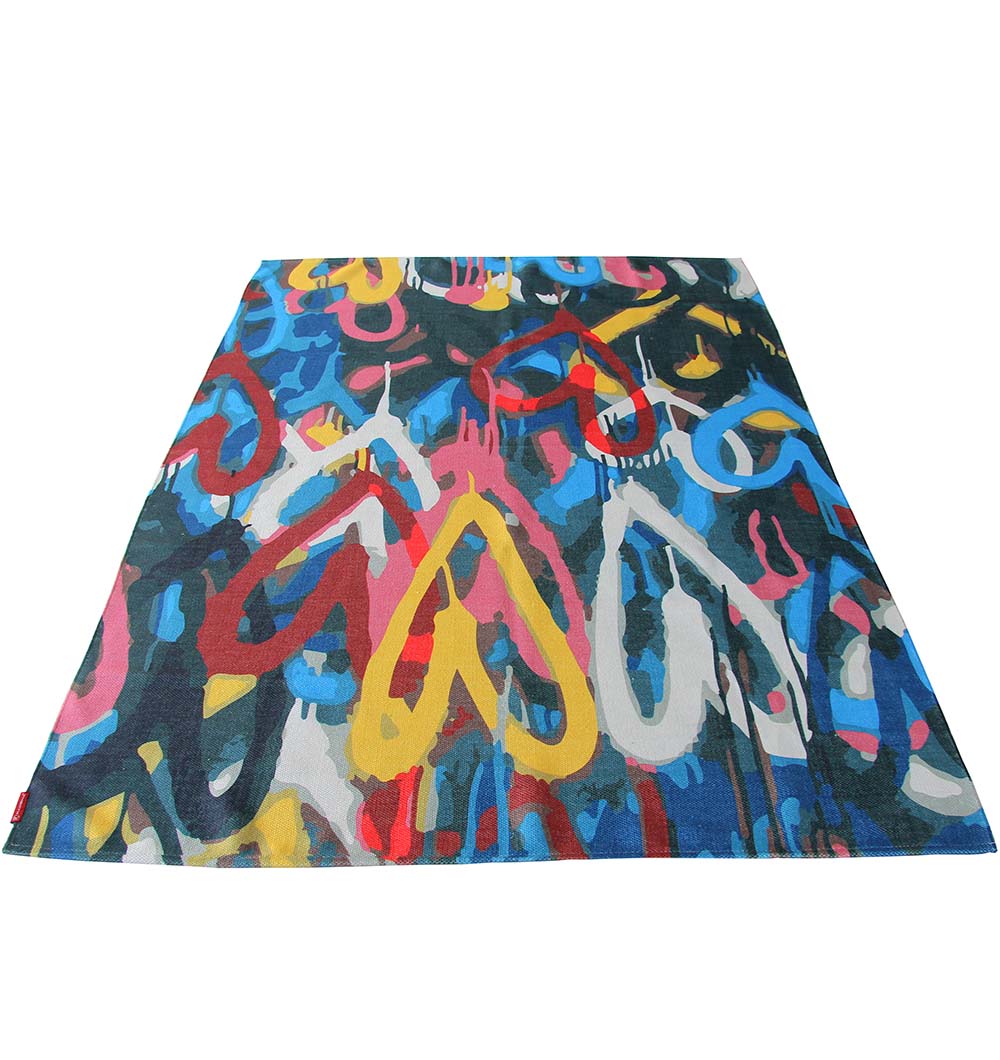 The RAMSHA HOME Multi Color Floor Rug DD-035 features an abstract pattern with loops and swirls in blue, red, yellow, and pink on a dark background, bringing vibrant modern style to any room.