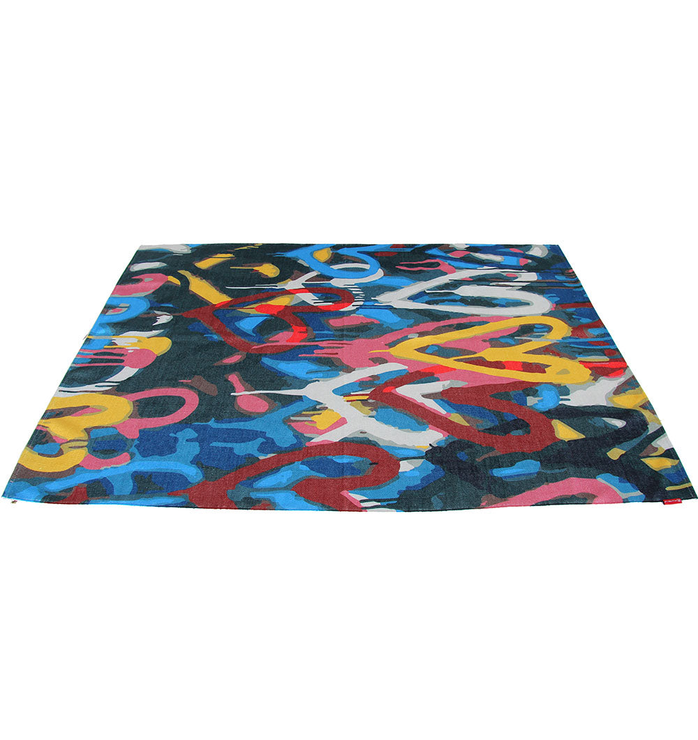 The RAMSHA HOME Multi Color Floor Rug DD-035 features intertwining lines and colorful shapes in blue, yellow, red, pink, and white on a dark background—a striking digital printed dhurry for any space.