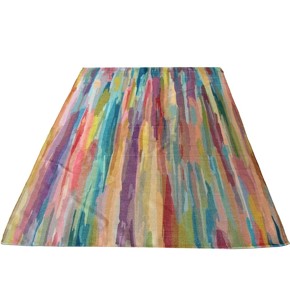 The RAMSHA HOME Digital Printed Rug Multi Color 150x210 cm DD-036 features a modern rectangular design with vibrant abstract brushstroke patterns in blue, red, yellow, green, and purple.