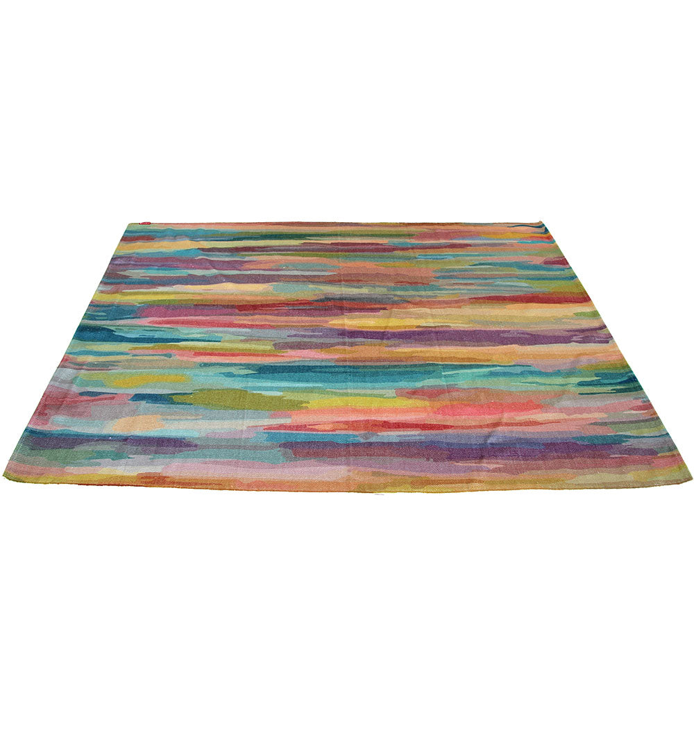 The RAMSHA HOME Digital Printed Rug Multi Color 150X210 cm (DD-036) features vibrant horizontal brushstroke patterns in blue, green, yellow, pink, orange, and purple, displayed flat on a white background.