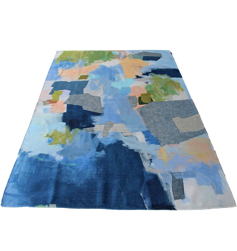 The RAMSHA HOME Multi Color Decor Area Rug 150x210 cm DD-037 features blue, green, gray, beige, and peach brushstroke patterns for a modern artistic look that brightens any room.