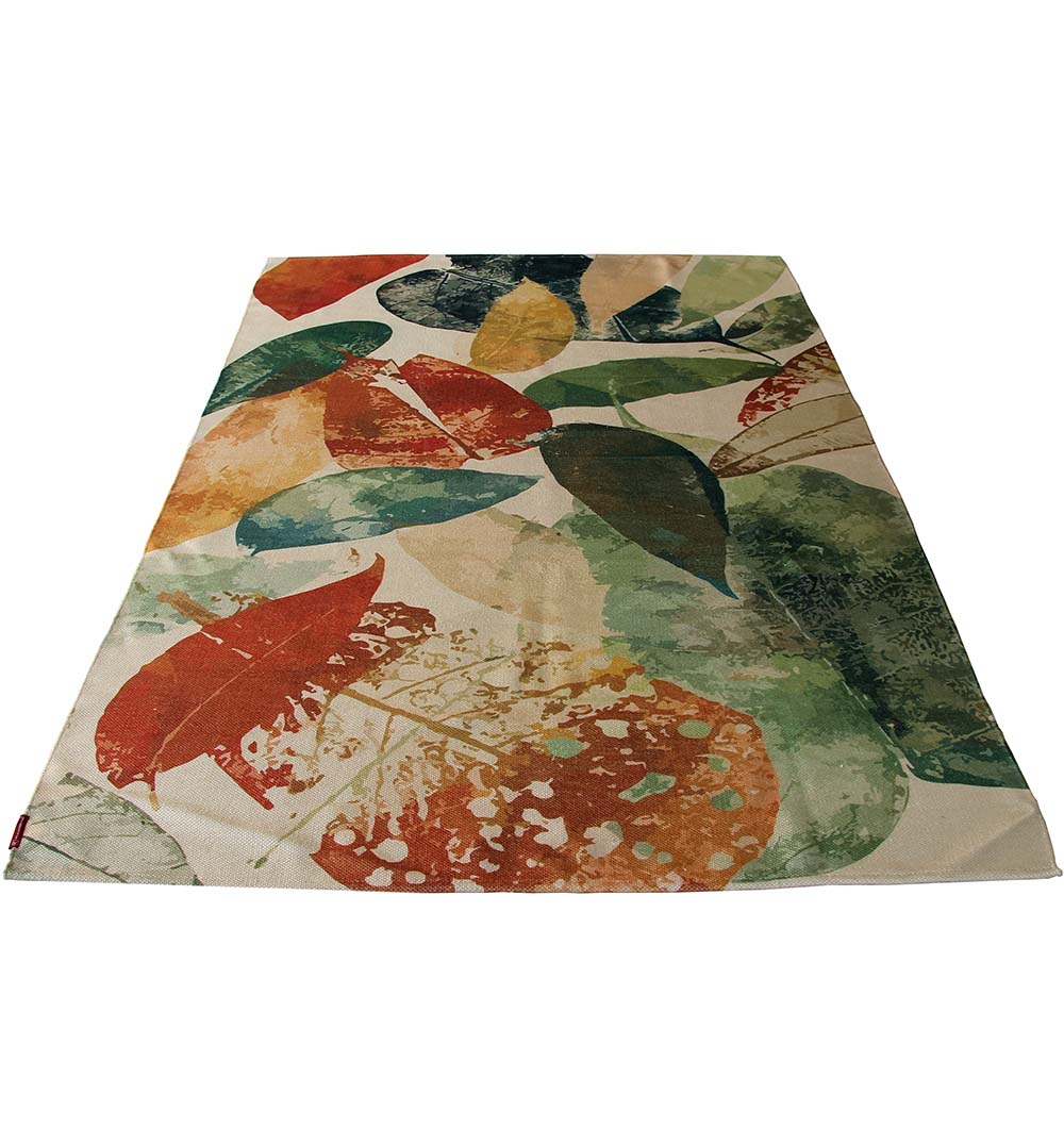 The RAMSHA HOME Polyester Printed Rug Multi Color DD-038 is a rectangular rug featuring overlapping red, orange, green, and yellow leaves on a light background for an autumn-inspired, nature-themed look.