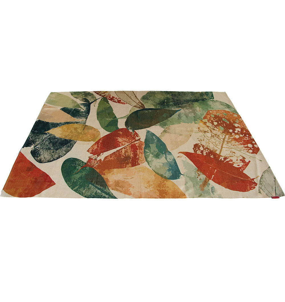 The RAMSHA HOME Polyester Printed Rug Multi Color DD-038 features an abstract leaf pattern in green, orange, red, and blue on beige—a stylish nature-inspired rug for any space.