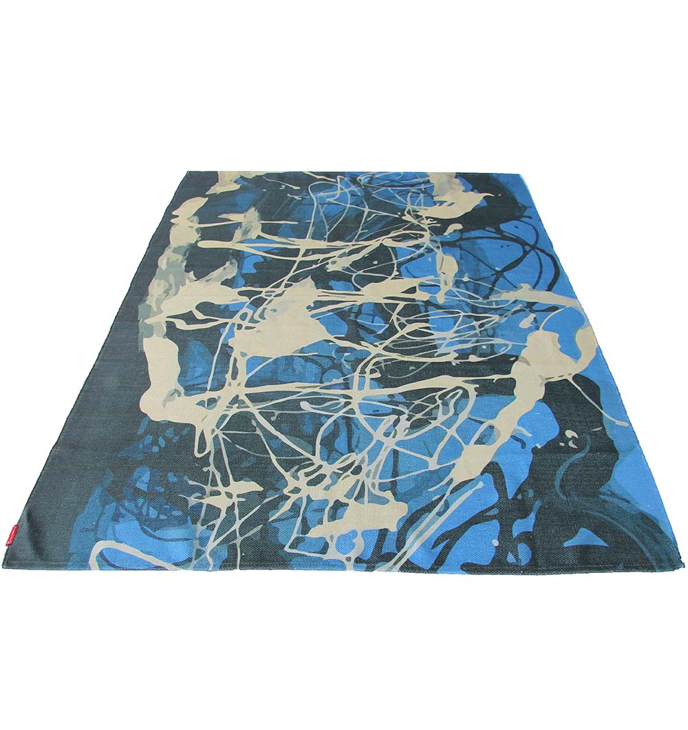 The RAMSHA HOME Digital Printed Rug Multi Color DD-039 features a modern abstract design with blue, black, and beige splashes, adding a stylish touch to any room.