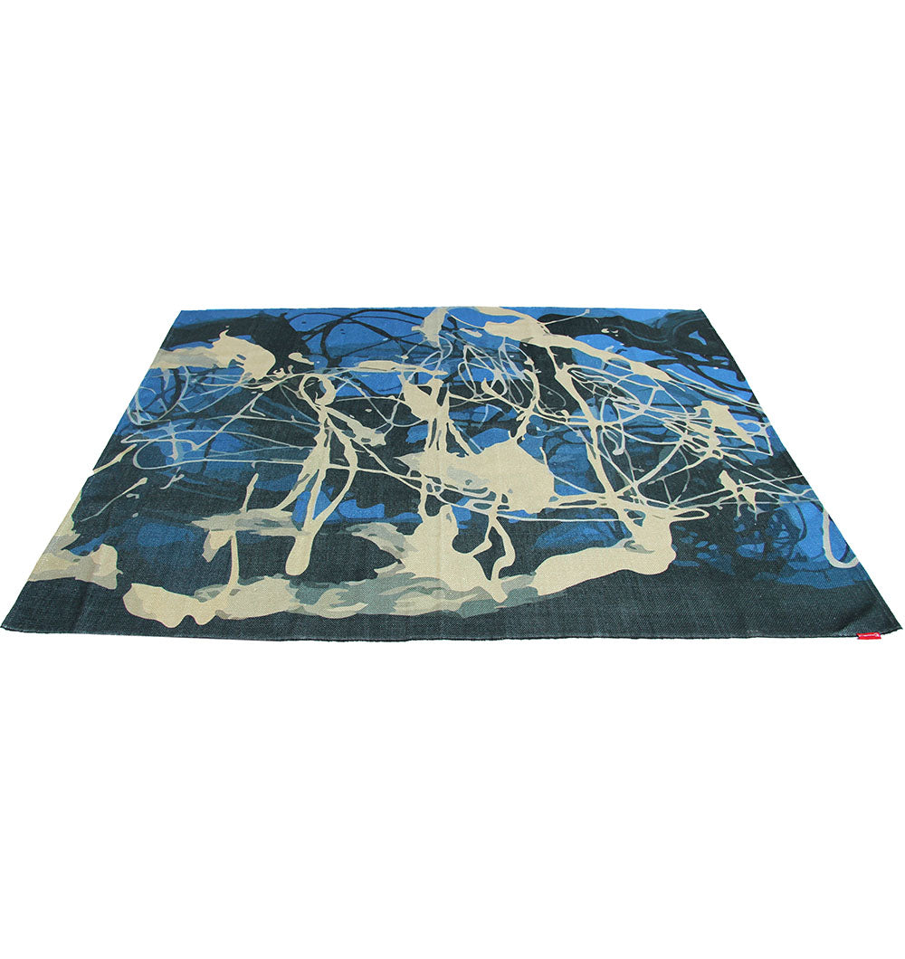 The RAMSHA HOME Digital Printed Rug Multi Color DD-039 features an abstract design with blue, black, and beige swirling lines, adding bold artistic flair and modern style to any room.