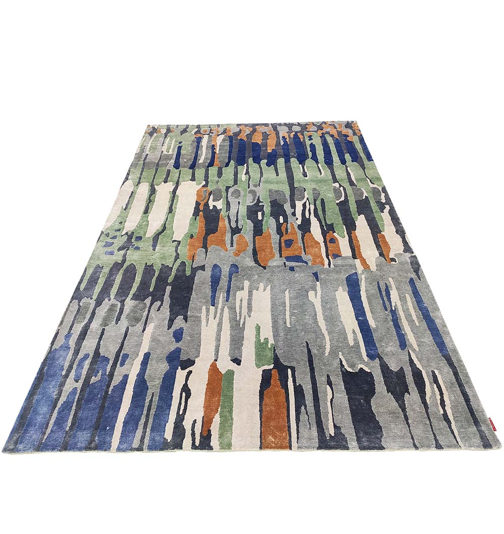 The RAMSHA HOME Decorative Area Carpet Tencil & Cotton Multi Color HKV-09 features irregular vertical streaks and splashes in blue, gray, green, beige, and brown—expertly hand knotted for a distinctive touch.