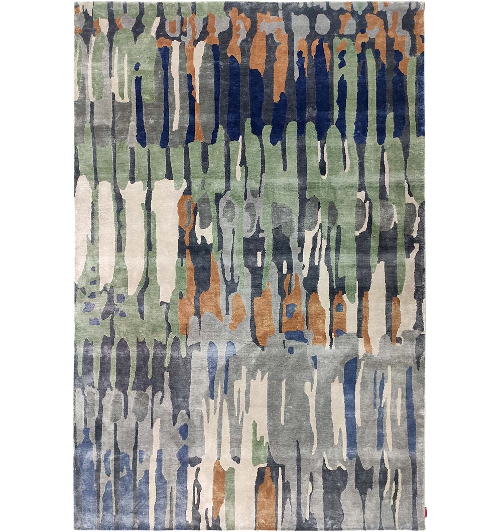 The RAMSHA HOME Decorative Area Carpet Tencil & Cotton Multi Color HKV-09 features hand-knotted vertical streaks in blue, green, gray, beige, and rust, creating a watercolor-inspired abstract look.