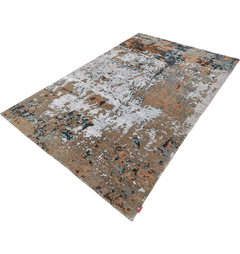 The RAMSHA HOME Bamboo Silk & Cotton Hand Knotted Carpet HKWB-012 showcases an abstract design in brown, gray, blue, and white tones for a textured, modern look. This rectangular rug is displayed on a white background.