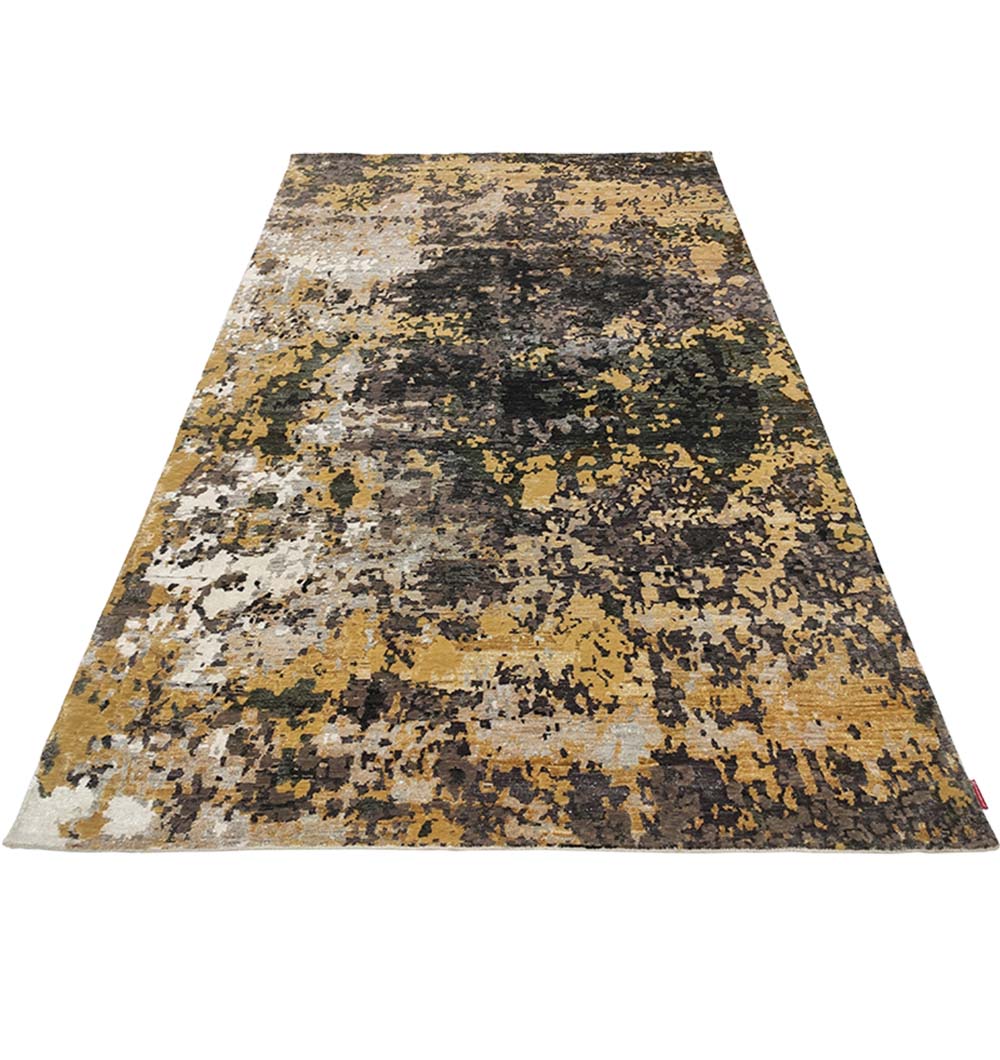 The RAMSHA HOME Bamboo Silk & Cotton Carpet HKWB-014 is a rectangular grey gold rug featuring a pixelated abstract pattern in brown, gold, gray, black, and beige for a modern artistic look.