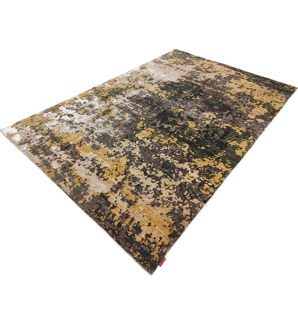 The RAMSHA HOME Bamboo Silk & Cotton Carpet HKWB-014 is a rectangular hand-knotted rug with an abstract, mottled pattern in gold, brown, black, and gray for a textured look. Shown on a white background.