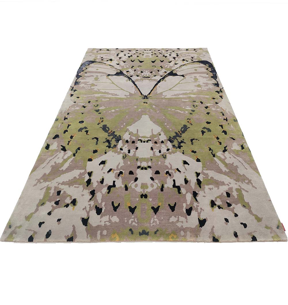 The RAMSHA HOME Butterfly Design Carpet For Every Room HKWV-010 features a hand-knotted abstract butterfly wing pattern in beige, olive green, and black, adding artistic elegance and symmetry to any space.