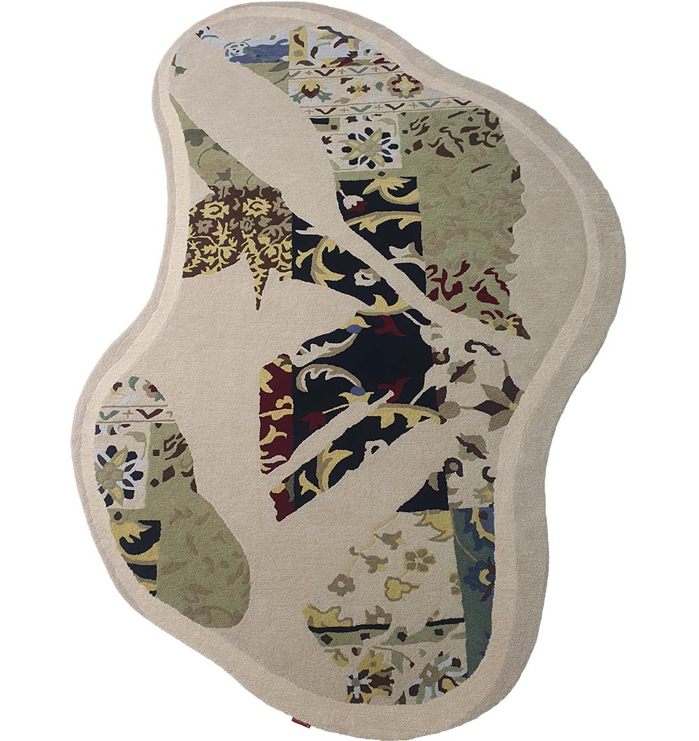 The Unique Unshaped Handmade Carpet For Home Decor HTW-70 by RAMSHA HOME is an irregular beige rug with abstract and floral patterns, hand-tufted in wool to bring artistic flair and unique character to any room.