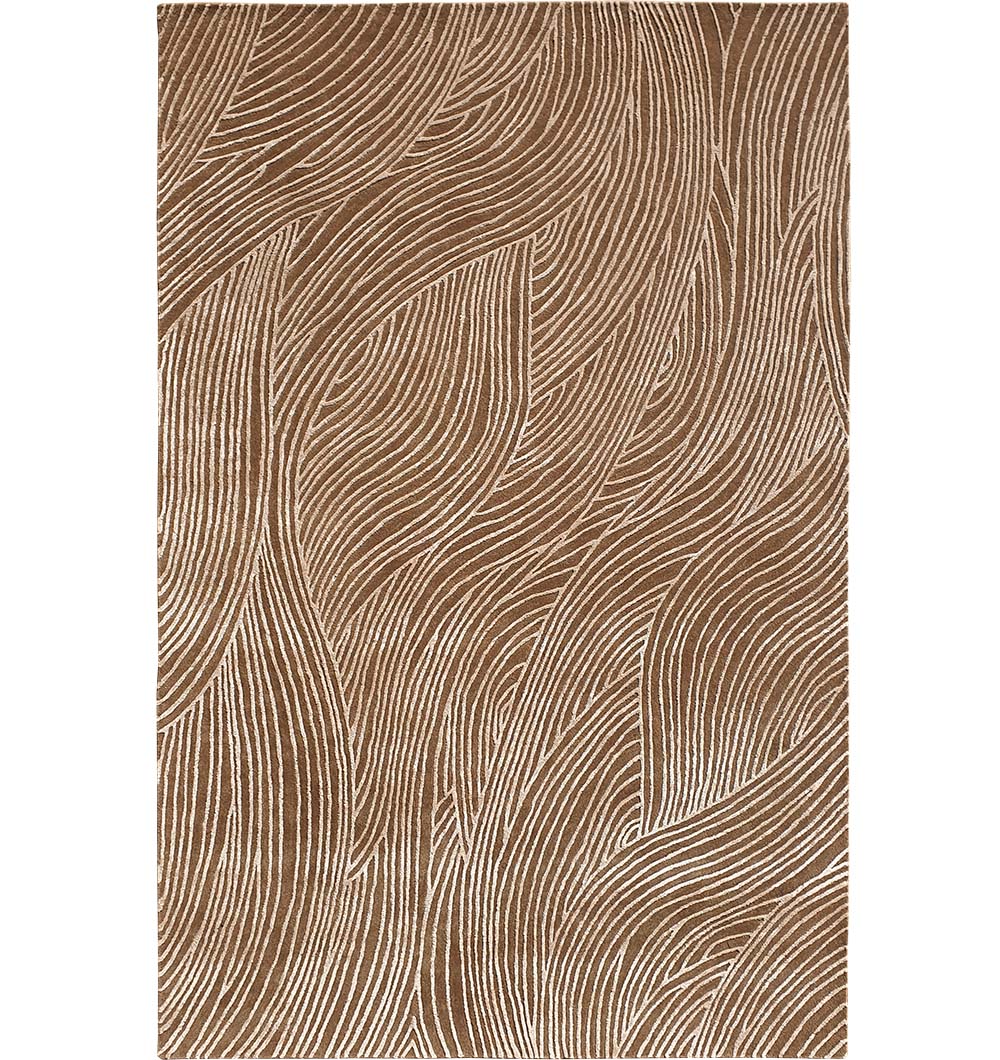 The RAMSHA HOME Handmade Beige Handtufted Area Rug HTWV-53 features an abstract wavy pattern of thin white lines, expertly hand tufted to create dynamic movement and texture across its surface.