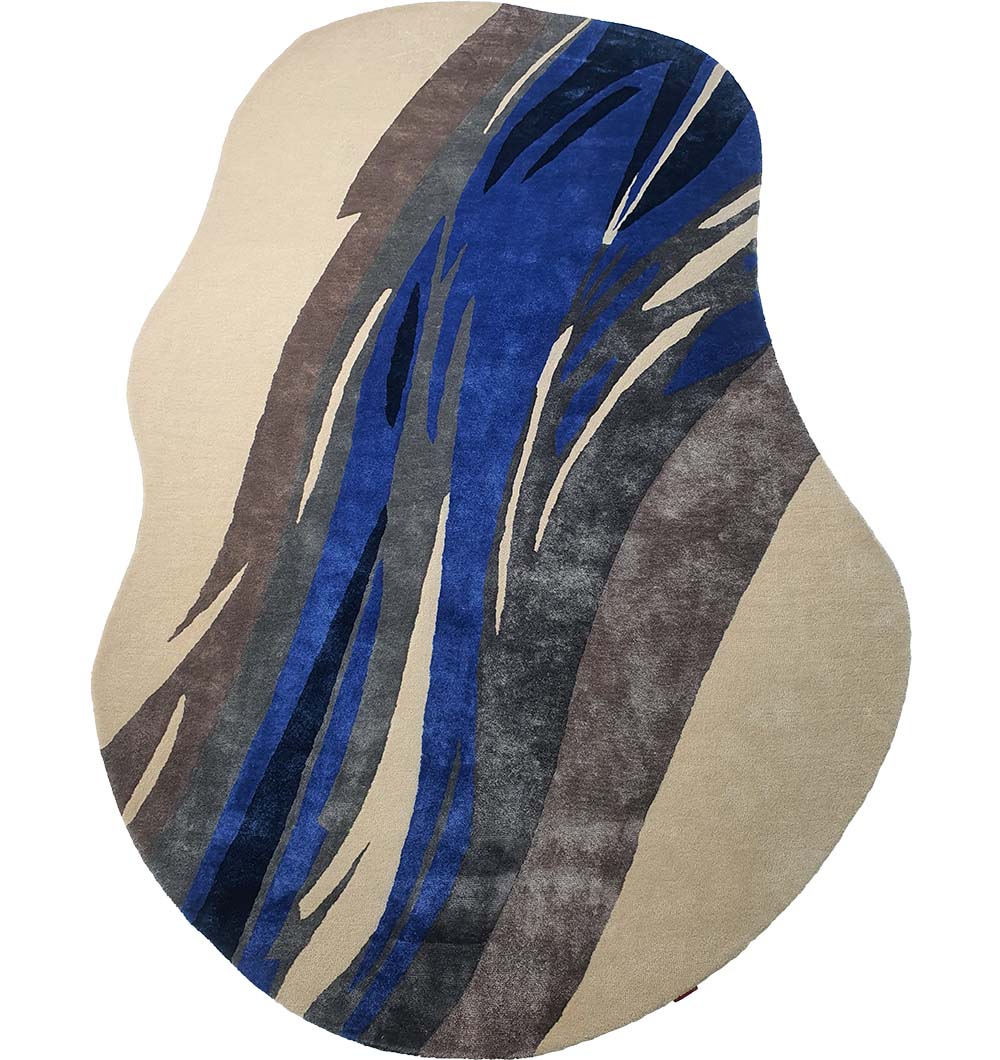 The RAMSHA HOME Irregular Shape Hand-Tufted Carpet HTWV-69 features beige, brown, gray, and blue curved streaks in an abstract design that evokes movement and organic form. Made from wool-viscose for a unique modern look.