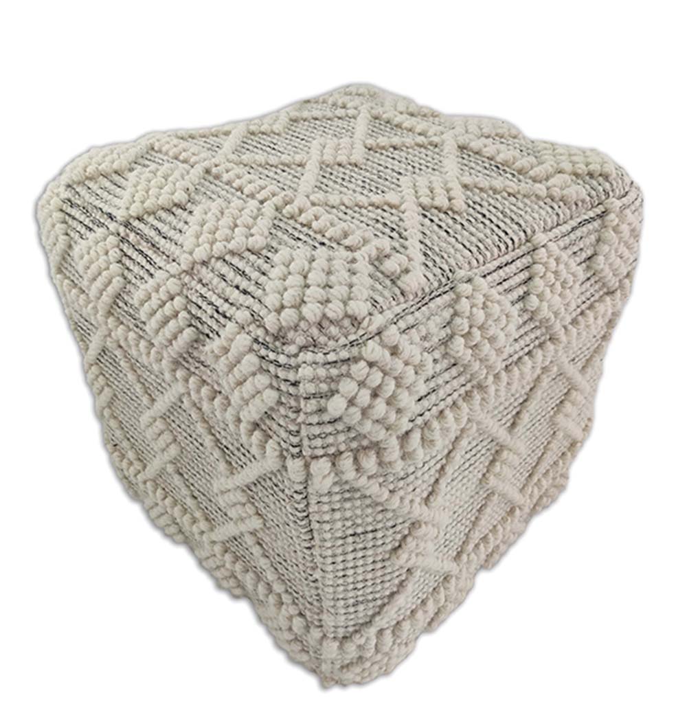 The RAMSHA HOME Woven Natural Pouf With Polystyrene Bag PF-013 is a cream-colored, cube-shaped ottoman featuring cotton weave, geometric patterns, and tufted sides for comfy seating and artisanal style.