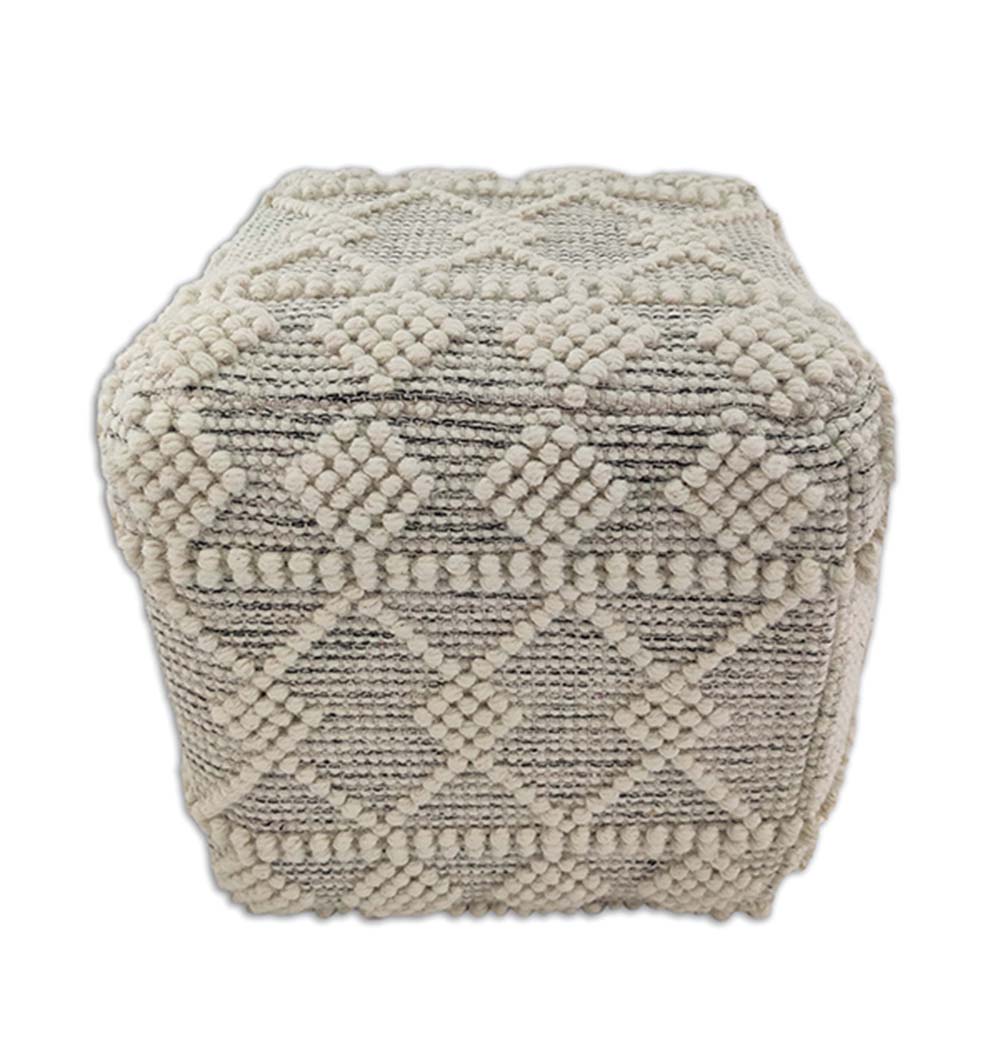 The RAMSHA HOME Woven Natural Pouf With Polystyrene Bag PF-013 is a square, beige and gray ottoman featuring a hand-made raised geometric diamond pattern and soft woven fabric, shown isolated on a white background.