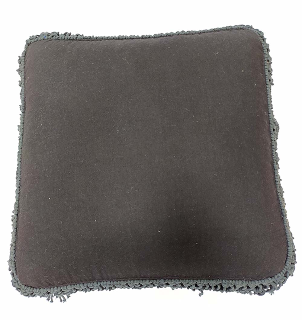 A dark brown, square throw pillow with textured trim offers comfy seating on a white background—perfect for pairing with the RAMSHA HOME Black Cotton Pouf With Fringes PF-044 to add a cozy touch.