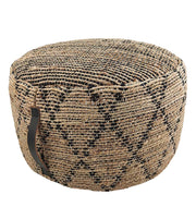 The RAMSHA HOME Natural Jute Pouf With Leather Handle features a stylish diamond pattern and offers a chic seating option with convenient portability.