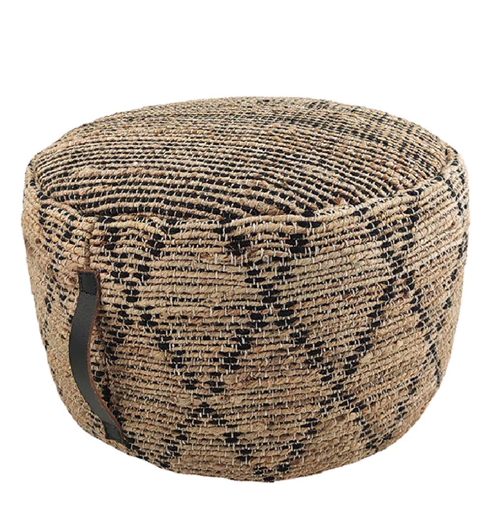 The RAMSHA HOME Natural Jute Pouf With Leather Handle features a stylish diamond pattern and offers a chic seating option with convenient portability.