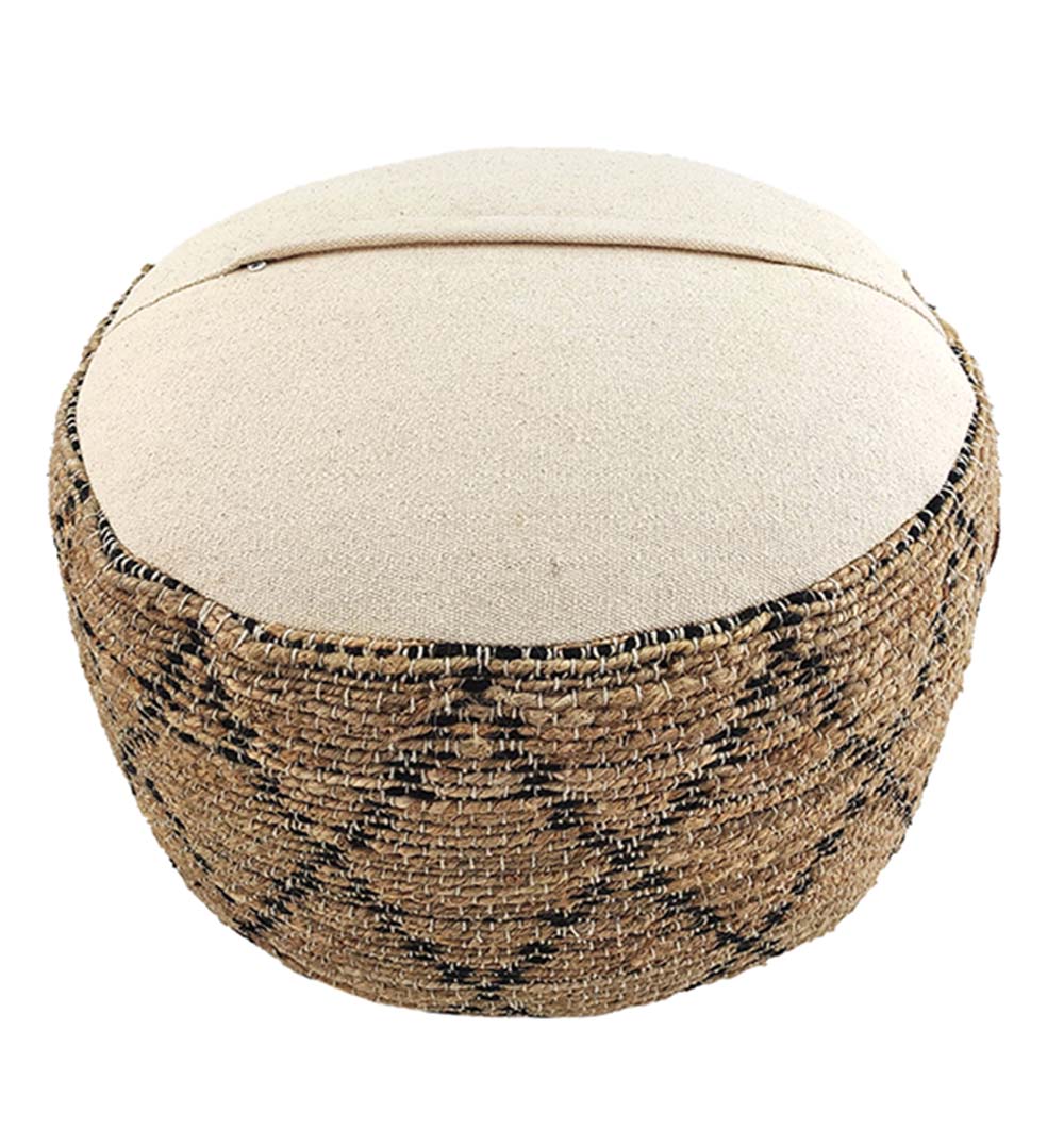 The RAMSHA HOME Natural Jute Pouf With Leather Handle features natural fiber sides, a sleek beige top, and black diamond accents, offering stylish seating that doubles as a versatile pouf for any space.
