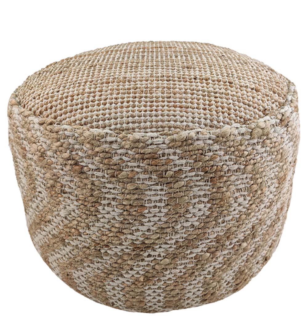 The RAMSHA HOME Natural Jute Pouf With Leather Handle features a textured, woven surface in beige and off-white with a subtle chevron pattern—ideal for stylish extra seating in any room.