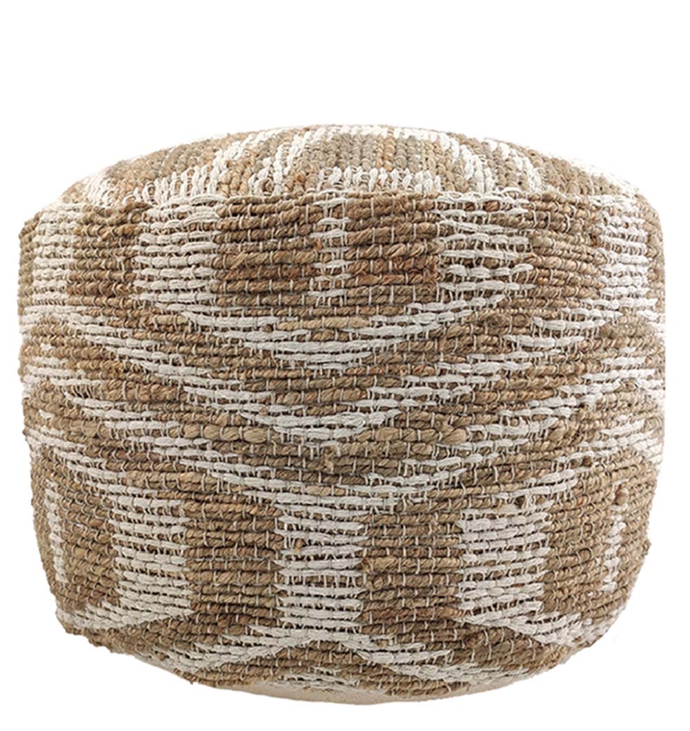 The RAMSHA HOME Natural Jute Pouf With Leather Handle features a round design, woven from natural fibers with a beige and white geometric pattern. Its chunky texture and earthy style make it a perfect accent for any room.