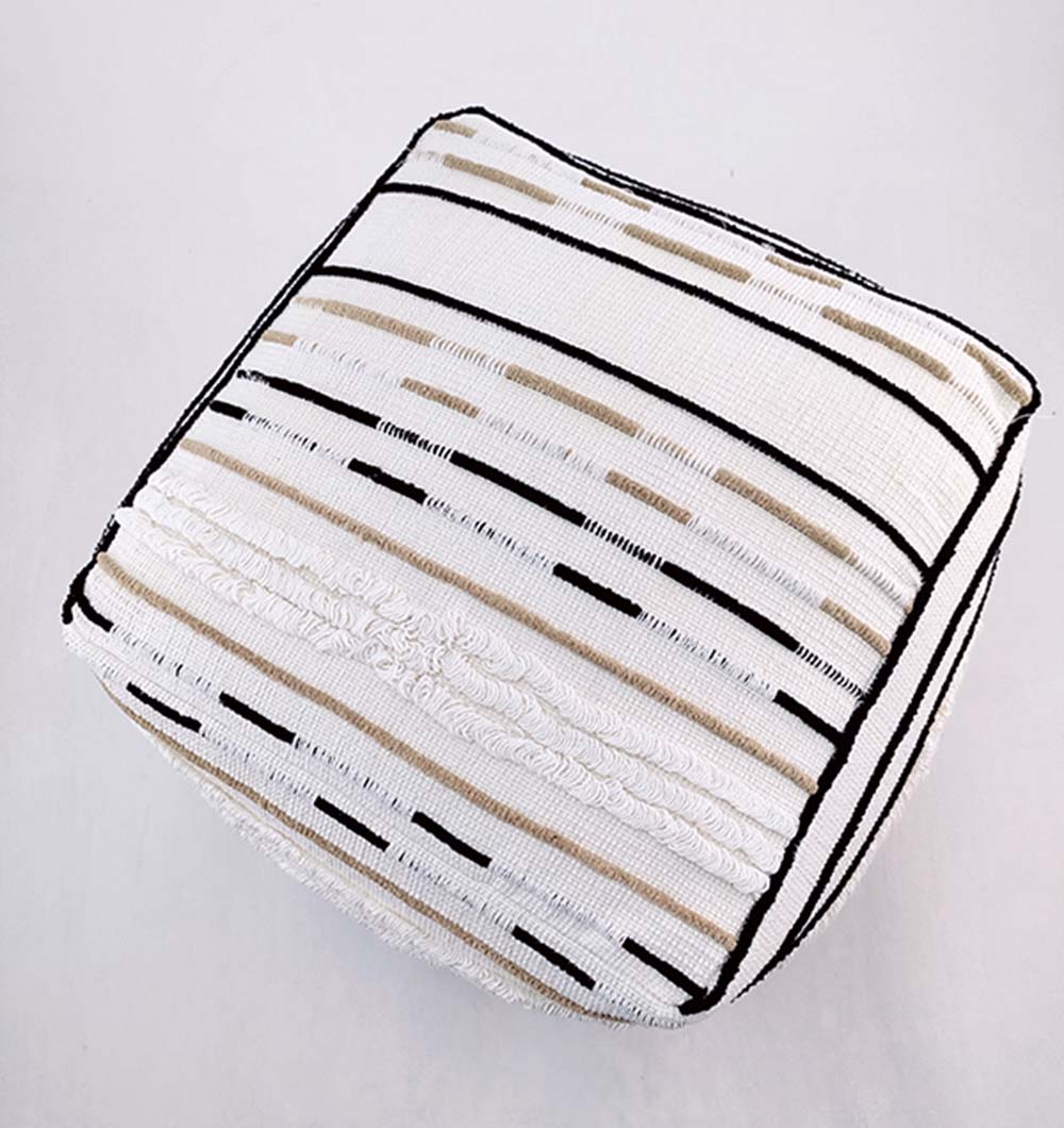 The RAMSHA HOME Cotton Boho Pouf PF-066 features a square, textured white cotton design with black and beige stitched geometric patterns, adding modern boho style and comfort to any plain white background.
