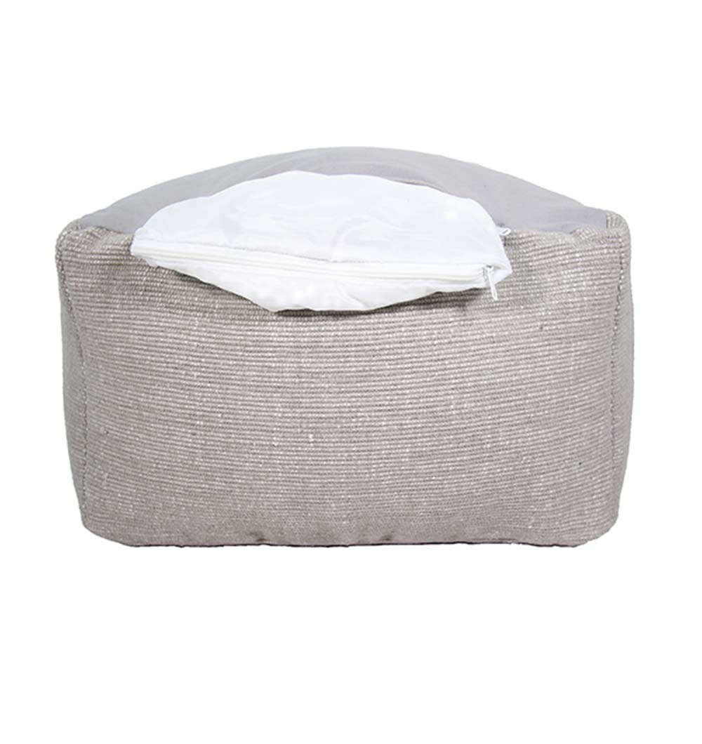 The RAMSHA HOME 100% Cotton Pouf PF-069 is a rectangular beige ottoman with a textured surface and a partially open white zippered top. Made for breathable durability, it can be filled with thermocol beans for extra comfort.