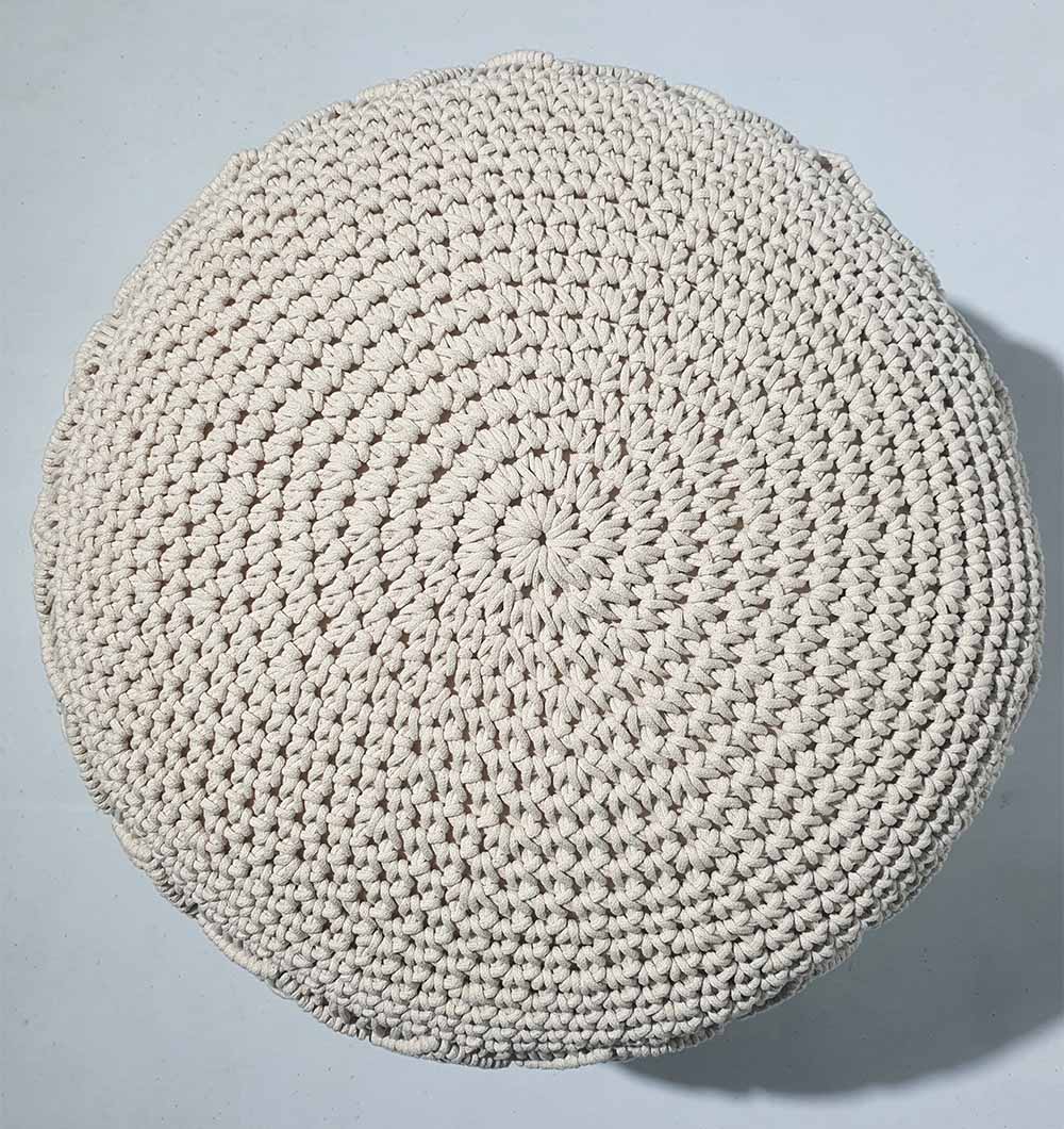 Top angle of PF-071 pouf showing handcrafted cotton weave and round shape