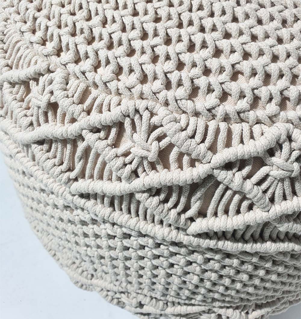 Detailed view of handmade round cotton pouf PF-073 highlighting natural fibers