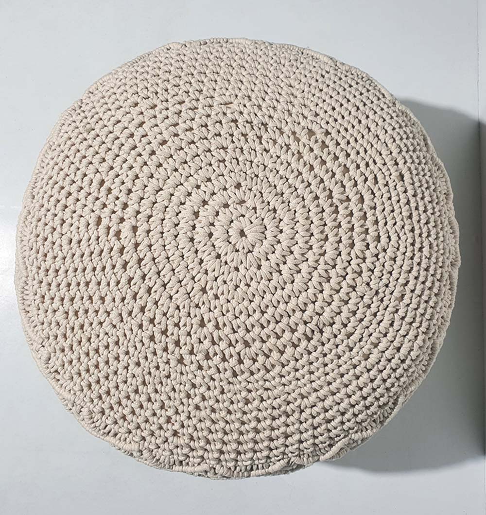 Top view of round cotton pouf PF-073 showing woven natural cotton fabric and cushion