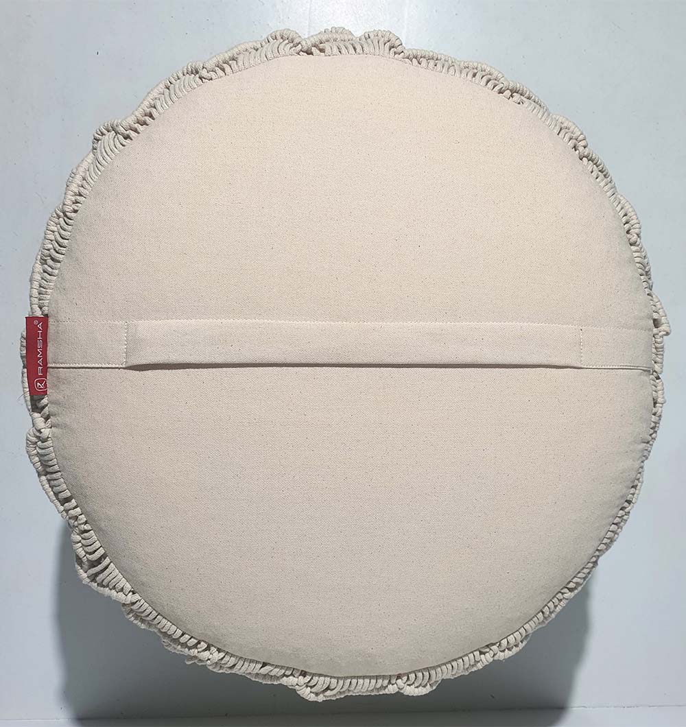 Rear side of handmade PF-073 cotton pouf highlighting thermocol filling and texture
