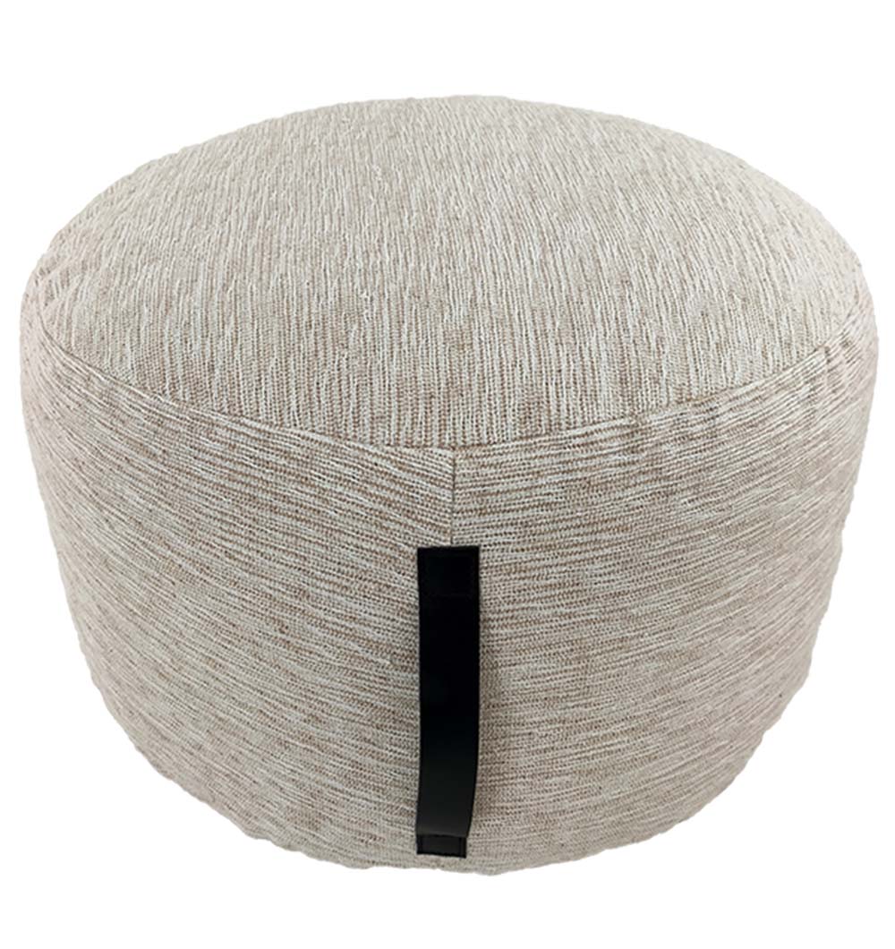 White-beige cotton pouf with handle, versatile seating for living room or bedroom