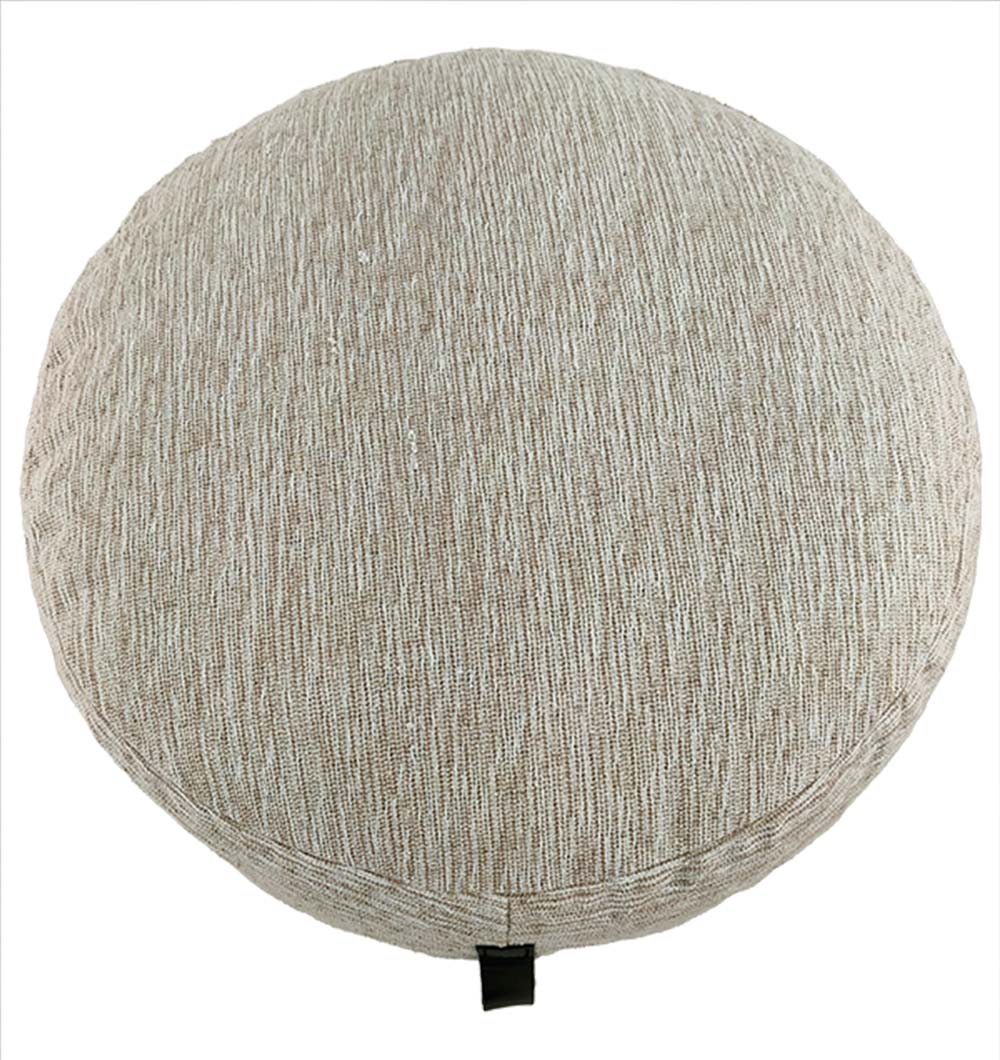 White-beige woven cotton pouf with handle, filled with thermocol beans for comfort