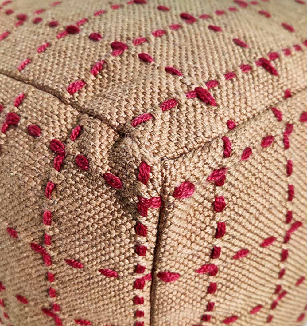 Detailed view of handmade multi-color pouf PF-107 highlighting fabric pattern