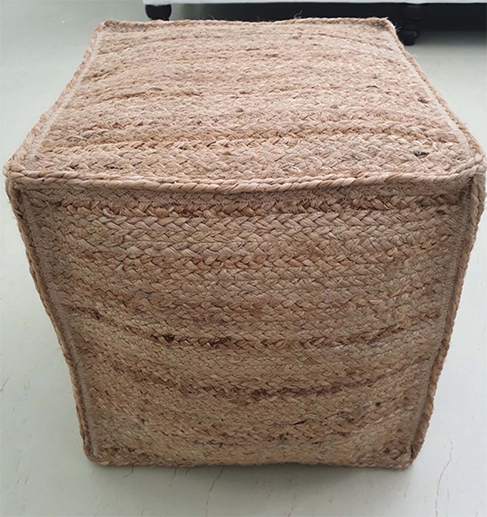 Natural jute ottoman handmade with detailed weaving, sustainable pouf for home seating