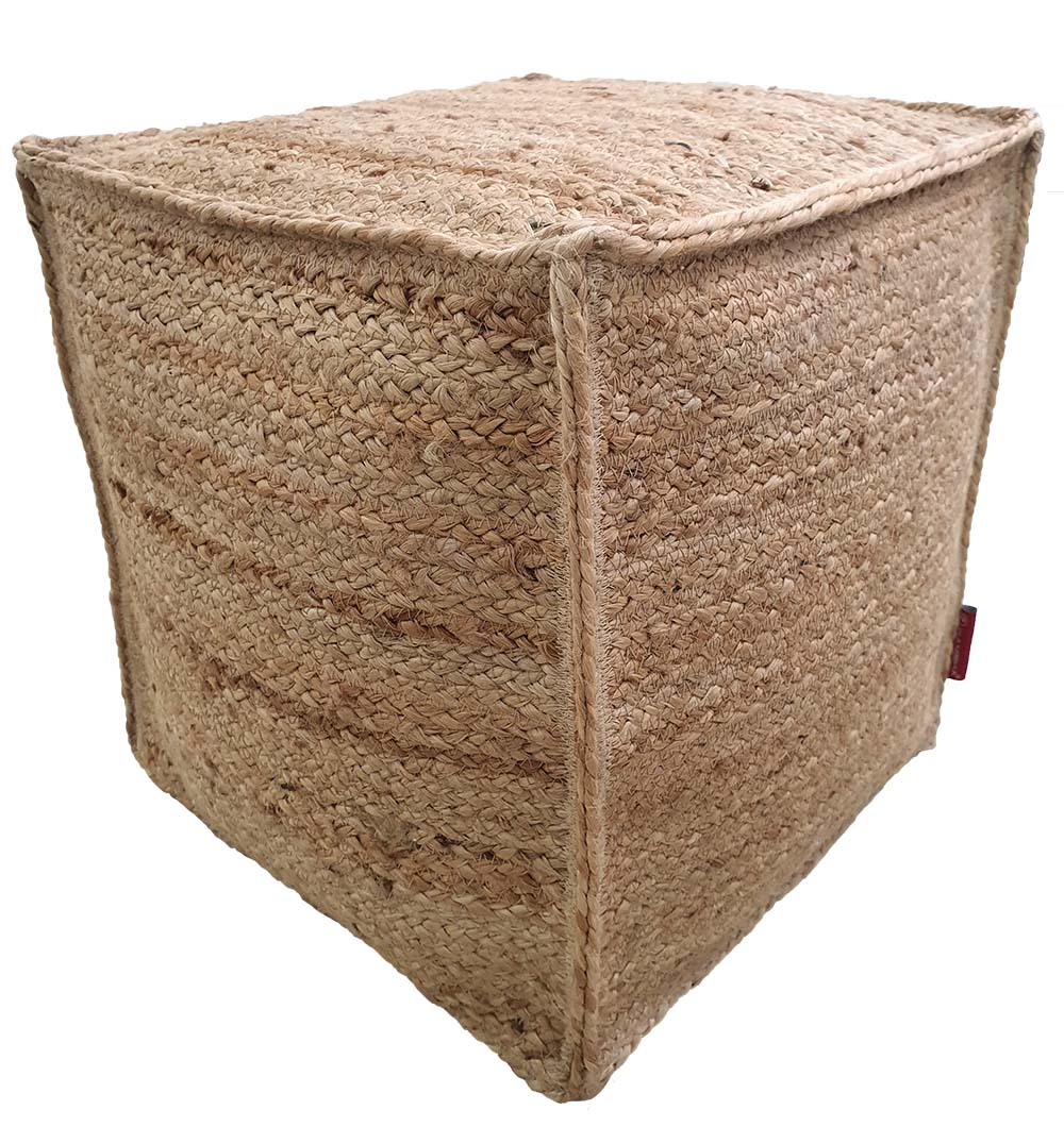 Handcrafted woven jute pouf in natural tones, eco-friendly seating ottoman for living room decor