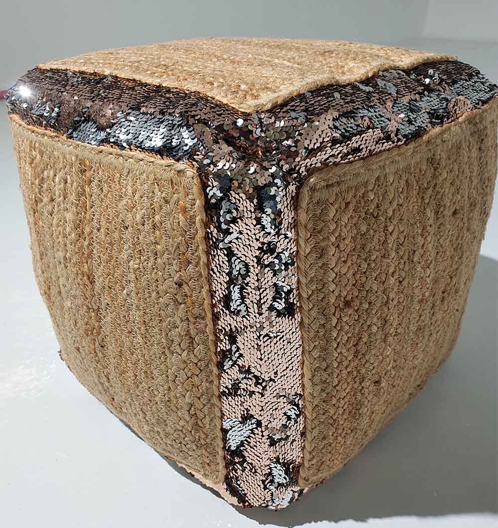 Eco-friendly jute pouf PF-136 styled beside sofa or in lounge area for natural texture
