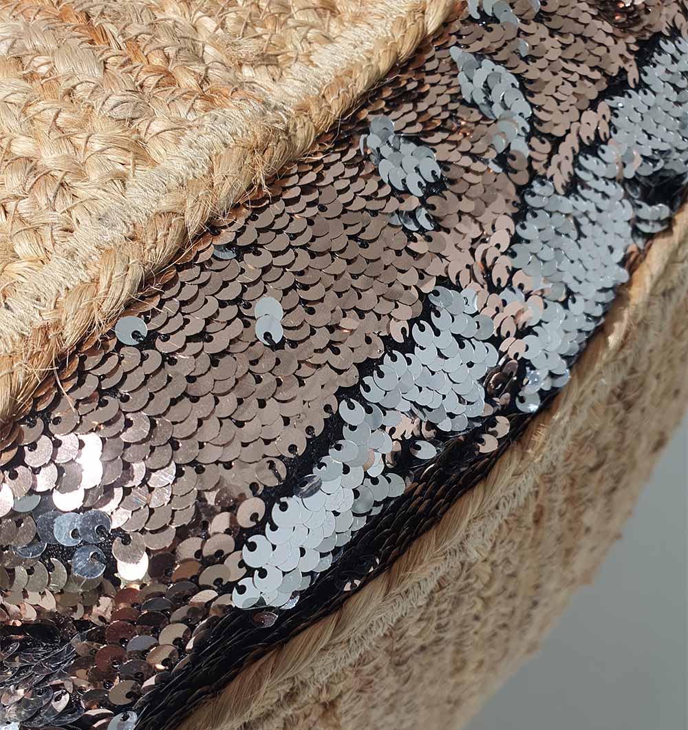 Close-up of PF-136 jute pouf showing detailed handwoven texture and natural fibers