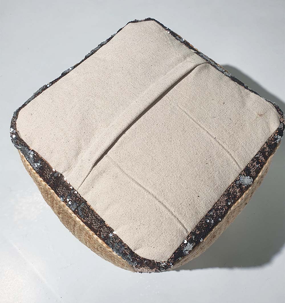 Back view of PF-136 jute pouf showing handcrafted stitching and natural fiber texture