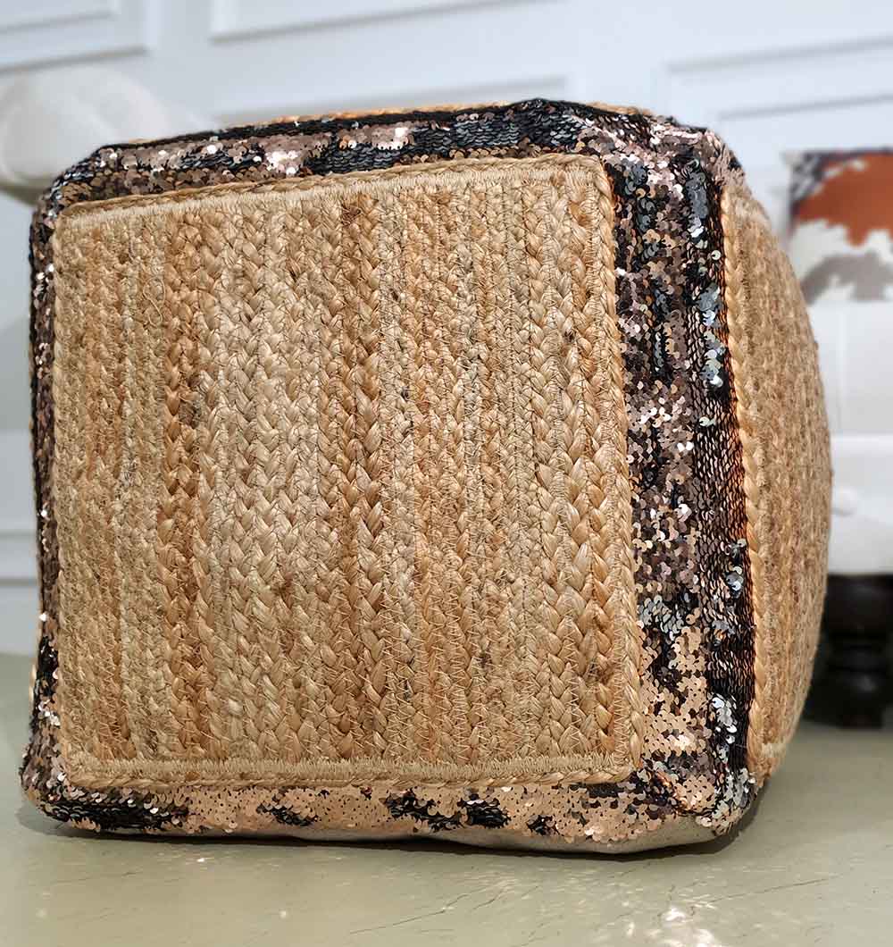 Natural jute cover pouf PF-136 adding rustic charm and cozy seating to living room interiors